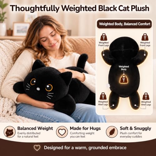 SQEQE 23.6 Inch Weighted Black Cat Plush - Large Plushie for Cozy Comfort, 3.8 Lbs, Gift for Kids & Adults