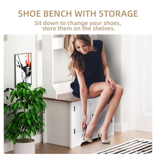 White Farmhouse 5-in-1 Hall Tree with Shoe Rack & Bench - TOOBVEST
