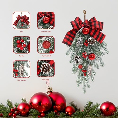 Artificial Christmas Teardrop Swag with Pine Cones and Red Berries