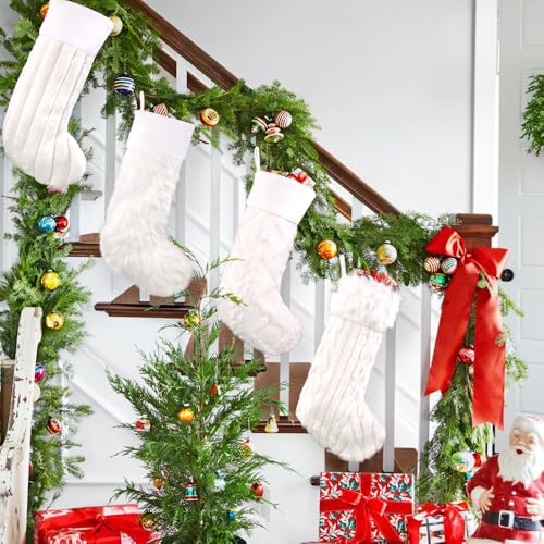 Teeanzo White 4-Pack Christmas Plush Stockings 18 Inch Faux Fur Holiday Decor