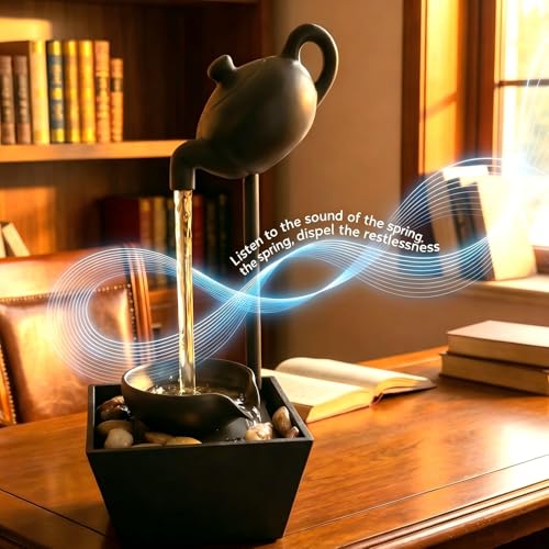 Floating Teapot Tabletop Fountain with LED Lights, Zen Water Feature