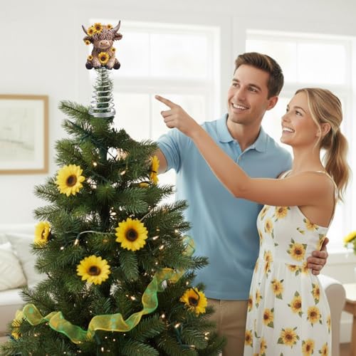 Sunflower Highland Cow Miniature Tree Topper - 5.1" Resin Spring Base Decor