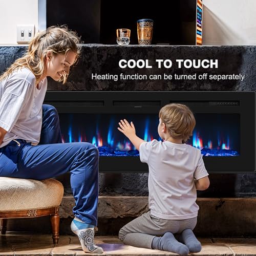 50-Inch Electric Fireplace Wall Mounted Recessed Heater with Multi-Color Flames