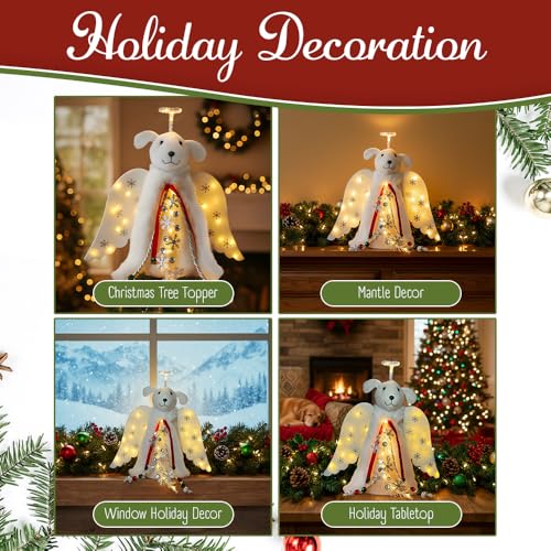Dog Angel Christmas Tree Topper with LED Lighted Halo & Wings Decor