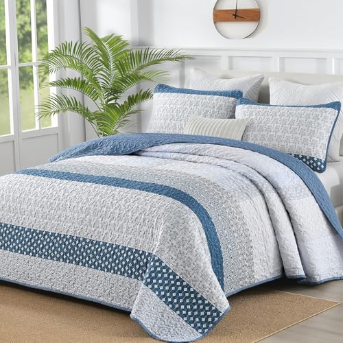 Blue Boho Striped Quilt Set King Size - 3-Piece Reversible Coverlet