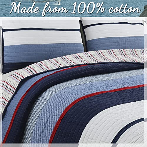 Navy Blue and Red Striped 3-Piece Queen Cotton Reversible Quilt Bedding Set