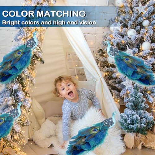 4 Pack Peacock Christmas Tree Ornaments with Feathers - Holiday Decorations