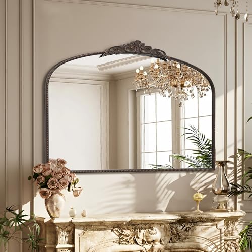 Large Arched Baroque Wall Mirror, 48x33 Inch Antique Bronze Decorative Mirror