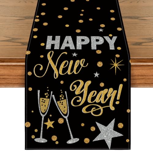 Artoid Mode Cheers Black and Gold Happy New Year Table Runner 13 x 72 Inch Holiday Decor