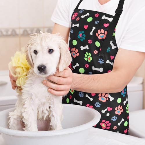 Waterproof Dog Grooming Apron with Pockets - Cute Pet Print Design