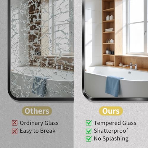 30x36 Inch Rounded Rectangle Bathroom Mirror, Black Metal Framed Wall Mirror