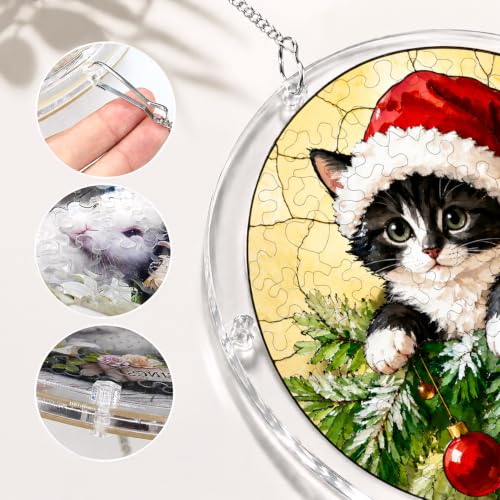 Santa Hat Cat Acrylic Christmas Puzzle Suncatcher Window Hanging Decor - HMGAWB