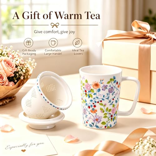 Vibrant Floral Ceramic Tea Mug with Infuser & Lid, 16oz, Perfect for Loose Leaf Tea