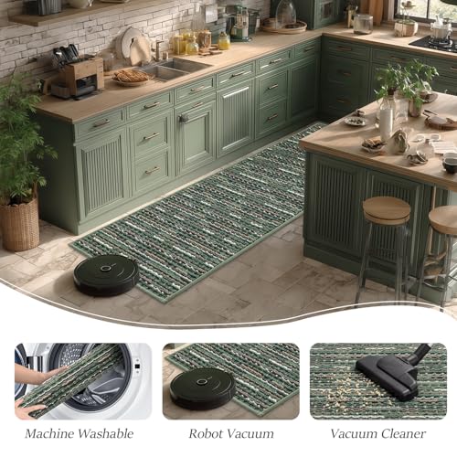 Non-Slip Kitchen Rugs Set of 2 - Washable Floor Runner & Mat, Green