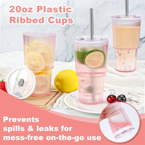20oz Pink Plastic Ribbed Tumblers Set of 4 with Lids & Straws - Reusable Iced Coffee & Smoothie Cups