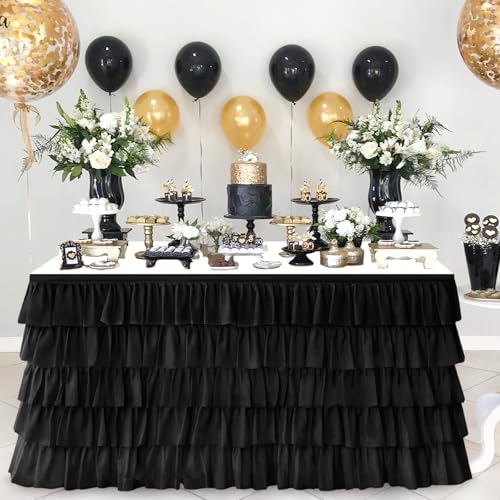 9ft Ruffled Chiffon Table Skirt - Elegant Black Tulle for Party Decor