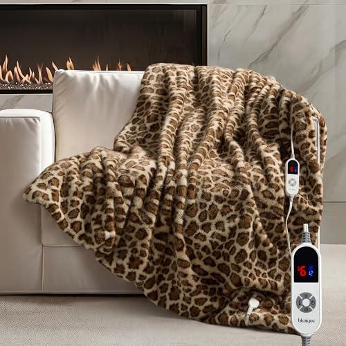 Heated Faux Fur Throw Blanket - Leopard Print, 6 Heating Levels, 50"x60"