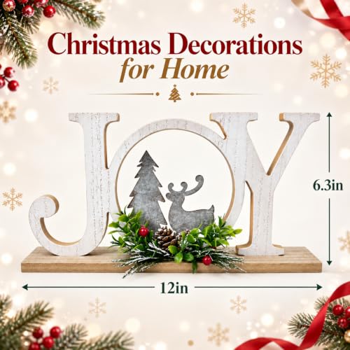 Rustic Wooden Christmas Joy Sign with Reindeer & Pinecone Decor - Farmhouse Holiday Table Centerpiece
