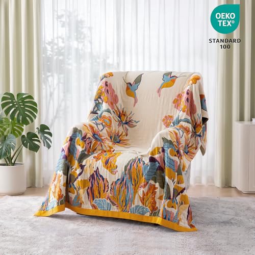 Boho 100% Cotton Throw Blanket - Soft Lightweight Woven Quilt for Couch & Bed