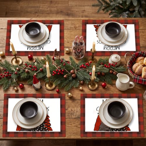 Niviy Red Christmas Tree Placemats Set of 4 12x18 Inches Holiday Table Decor