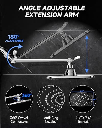 11.8-Inch Rectangular Rainfall Shower Head with Adjustable Extension Arm