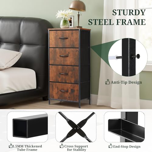 4-Drawer Fabric Dresser Storage Tower with Wooden Top for Bedroom & Closet
