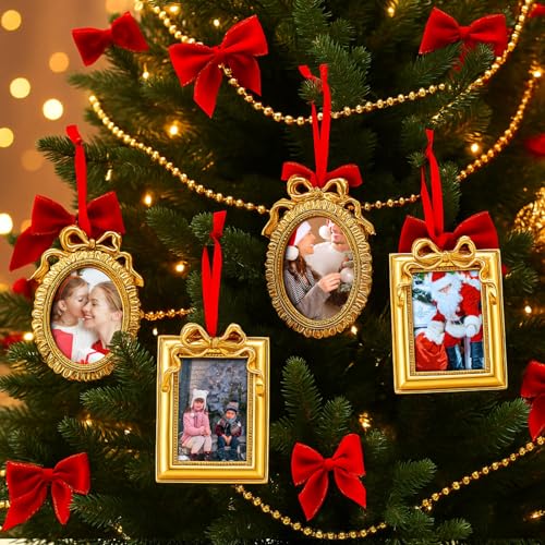 Leinuosen 8 Pcs Mini Vintage Picture Frames Set - Gold Bow Ornament Frames, Rect & Oval, for Christmas Tree (Gold/Rectangular + Oval1)