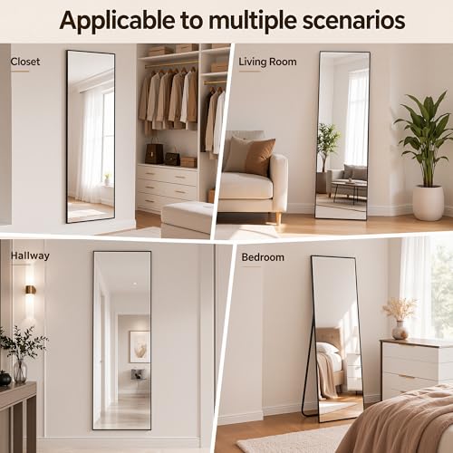 Full Length Floor Mirror with Stand, 56" x 14" Black Aluminum Frame Mirror