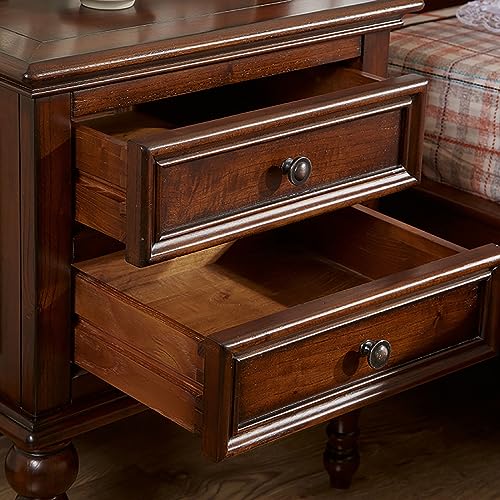 Minimalist Solid Wood Bedside Table with 2 Drawers, Walnut Finish