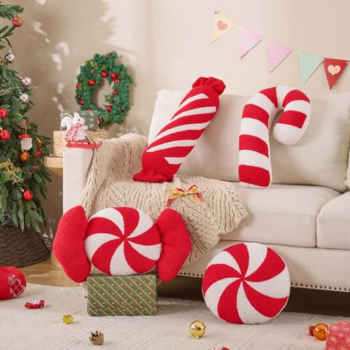 Lanpn Red Candy Pillows 4pk Set - 12x22, 12x21, 7x27, 12x13 inch Christmas Cushions