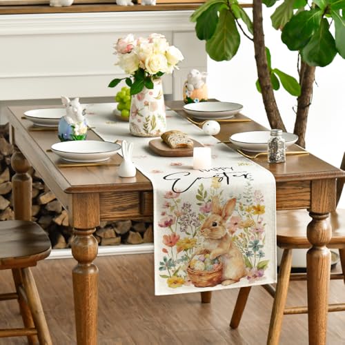 Artoid Mode 13x120 Inch Easter Table Runner with Bunny Eggs Flowers in Beige