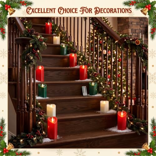 Retisee Christmas Heart Flameless Pillar Candles – 3-Piece Set with Timer, 4/5/6 Inch, Red/Green/White, Christmas Color