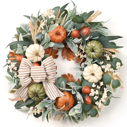 22-Inch Fall Wreath with Pumpkins and Berries for Front Door Decor