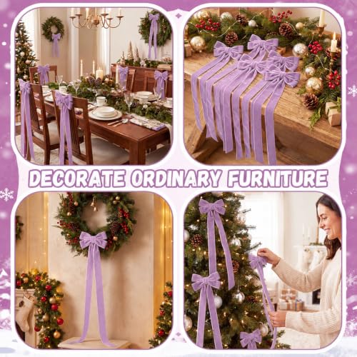 Purple Velvet Ribbon Bows Set of 6 - Long Tail Holiday Tree Decor