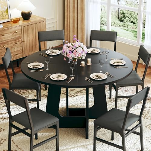 7-Piece Round Dining Table Set for 6, 47-Inch Kitchen Table with Upholstered Chairs