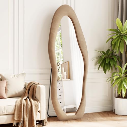 Irregular Full Length Floor Mirror, 63" x 24" Velvet Wavy Standing Mirror