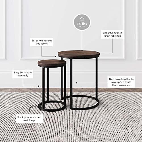Round Nesting Side Table Set of 2, Modern Metal and Wood Accent End Tables