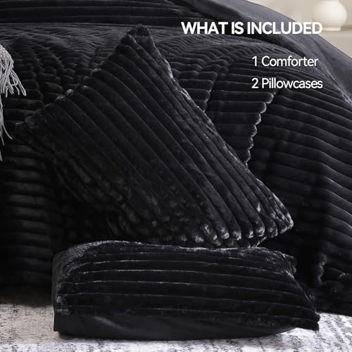 Fluffy Faux Fur Queen Comforter Set - 3-Piece All-Season Black Bedding