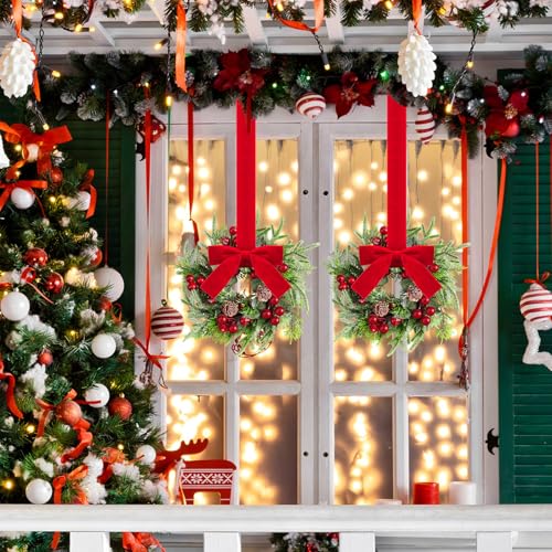 Dingion 4-Pack Mini Christmas Kitchen Cabinet Wreaths with Pine Berries Snowy Decor