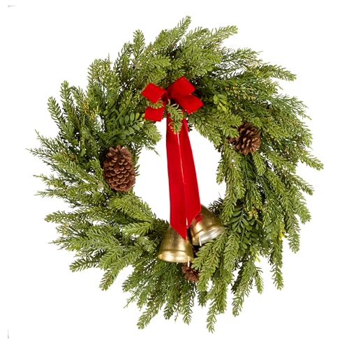 National Tree Company 28in Artificial Christmas Wreath with Bells, Pinecones & Red Ribbon