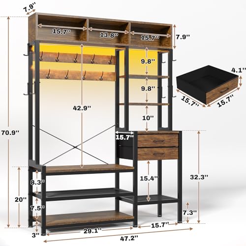 7-in-1 Hall Tree with Bench, Shoe Storage, Coat Rack, and RGB LED Lights
