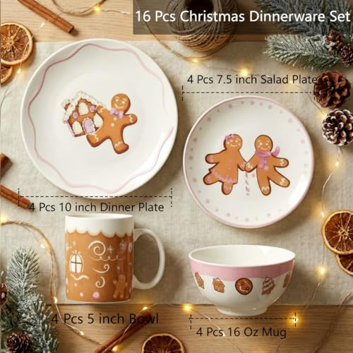 Pickmesh 16Pcs Pink Gingerbread Man Christmas Dinnerware Set for 4 Guests