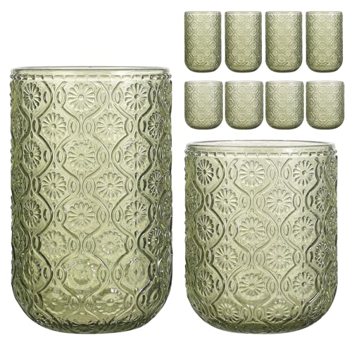 WeirdUncle Green Vintage Embossed Glassware Set - 8 Pieces, Highball & Rocks Glasses, 14oz & 9oz, Elegant Drinkware for Wine, Cocktail, Whiskey, Gift