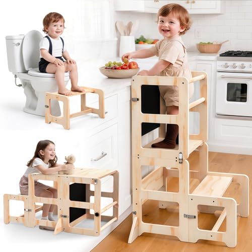 4-in-1 Foldable Toddler Learning Tower & Step Stool with Chalkboard