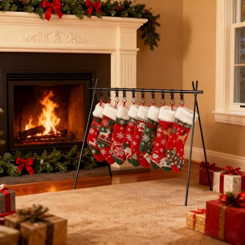 Christmas Stocking Holder Stand with 10 Hooks Foldable Floor Rack Aluminum Black