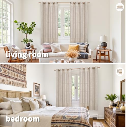 Linen Semi Sheer Curtains 52x63 Inch - Light Filtering Grommet Drapes, 2 Panels