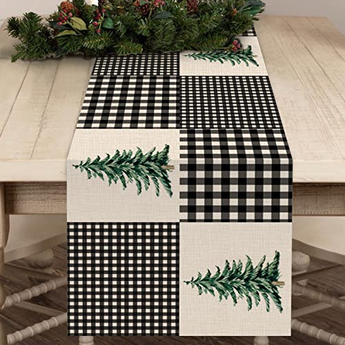 Seliem Pine Tree 13"x72" Black White Buffalo Plaid Table Runner