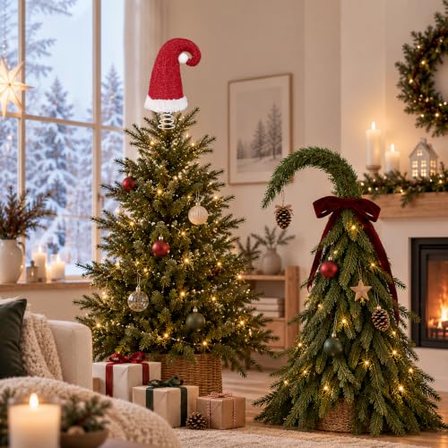 Okaerm Red 8-Inch Lighted Santa Hat Tree Topper with Spring Base - Christmas Ornament