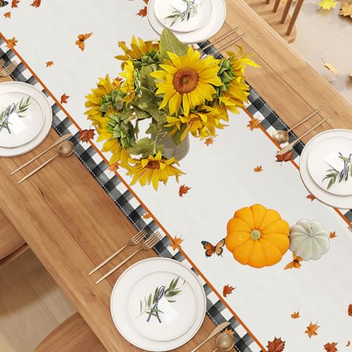 Jiudungs Fall Table Runner 13x72 Inches Autumn Thanksgiving Home Decor - Black, White, Orange