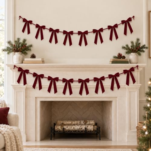 GAJILON 2 Pack Flocked Christmas Tree Bow Garlands - Wine Red